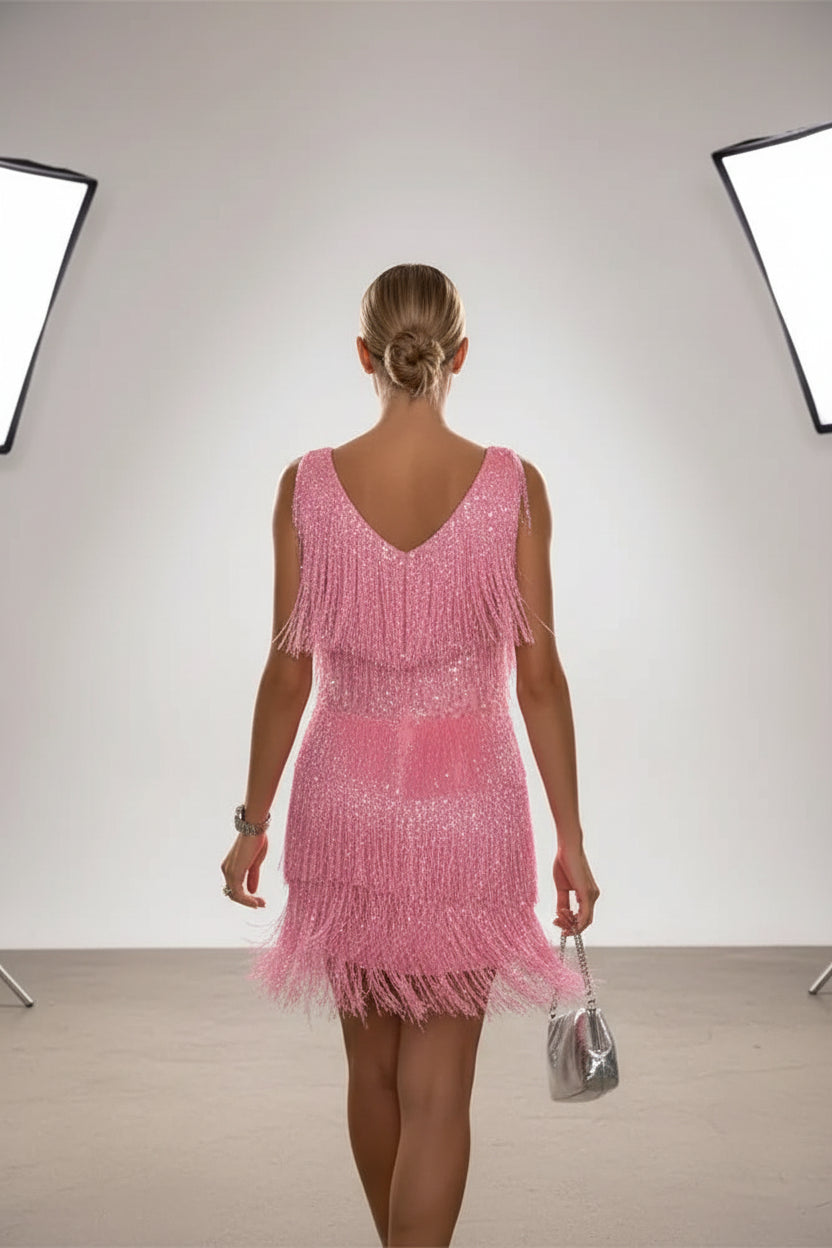 Robe Courte Femme Paillettes à Franges | Or ou Blanc + Festive + Soirée S-XL | ROBEMODE
