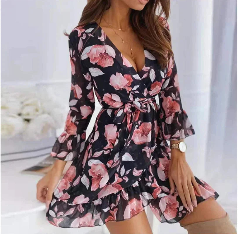 Robe Courte Femme Florale Manches Volantées Col V Ceinturée | ROBEMODE