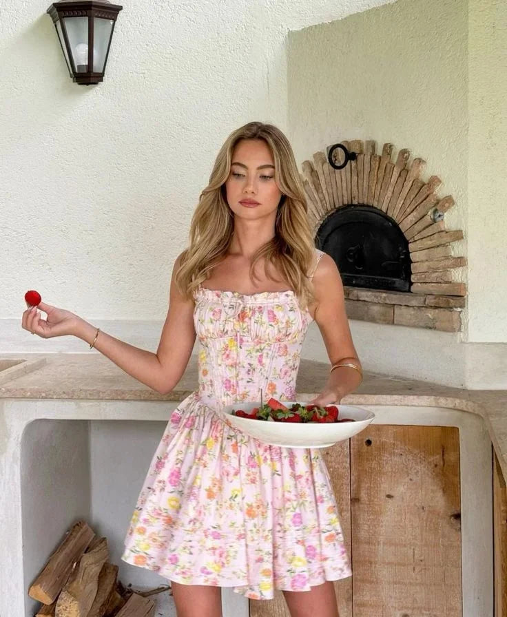 Robe courte fleurie rose corset bretelles larges | ROBEMODE