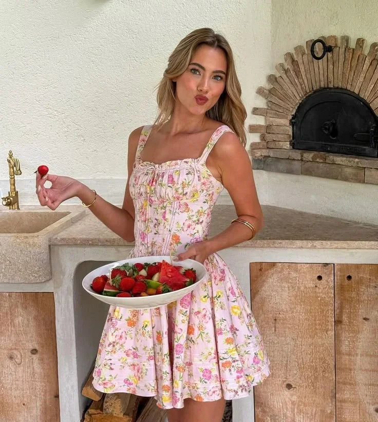 Robe courte fleurie rose corset bretelles larges | ROBEMODE