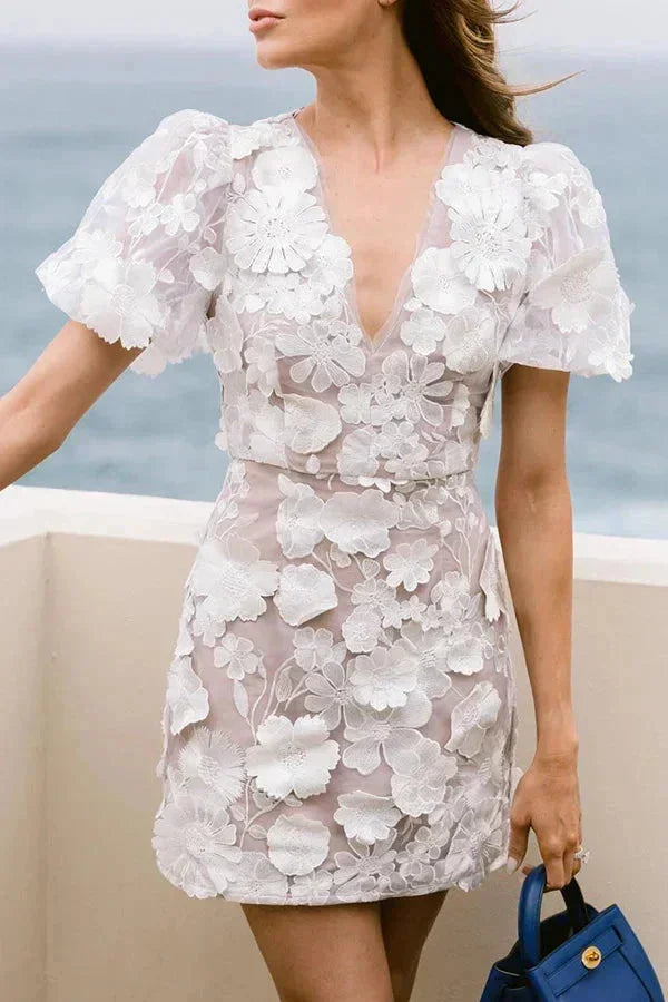 Robe Courte Florale Transparente Femme | Manches Bouffantes Soirée Romantique | ROBEMODE
