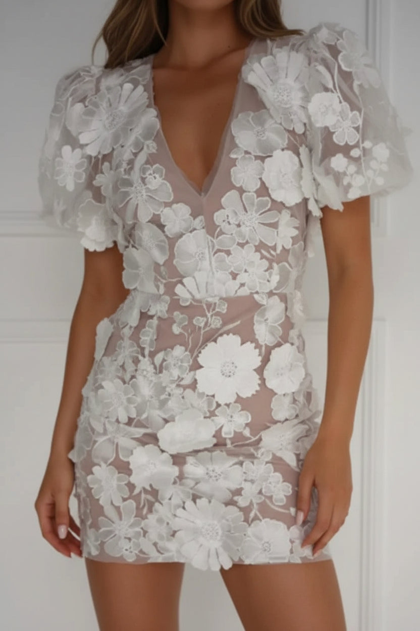 Robe Courte Florale Transparente Femme | Manches Bouffantes Soirée Romantique | ROBEMODE
