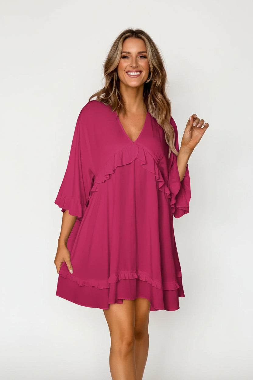 Robe Courte Fluide Col V Manches Larges 5 Coloris Femme | ROBEMODE