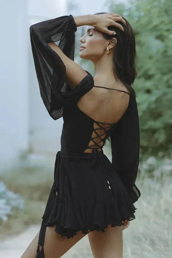 Robe Courte Fluide Femme Manches Longues à Volants | Pistache + Légère + XS-XL | ROBEMODE