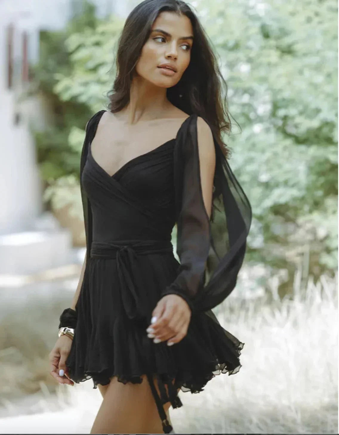 Robe Courte Fluide Femme Manches Longues à Volants | Pistache + Légère + XS-XL | ROBEMODE