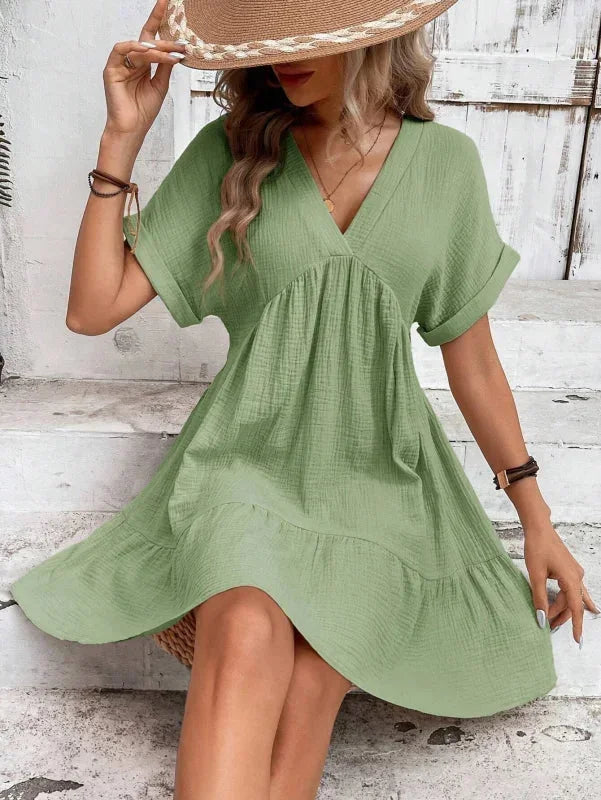 Robe courte fluide femme col V manches courtes été | Coupe féminine + Style élégant + Facile à accessoiriser – ROBEMODE