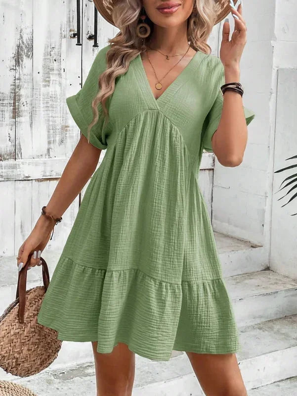 Robe courte fluide femme col V manches courtes été | Coupe féminine + Style élégant + Facile à accessoiriser – ROBEMODE