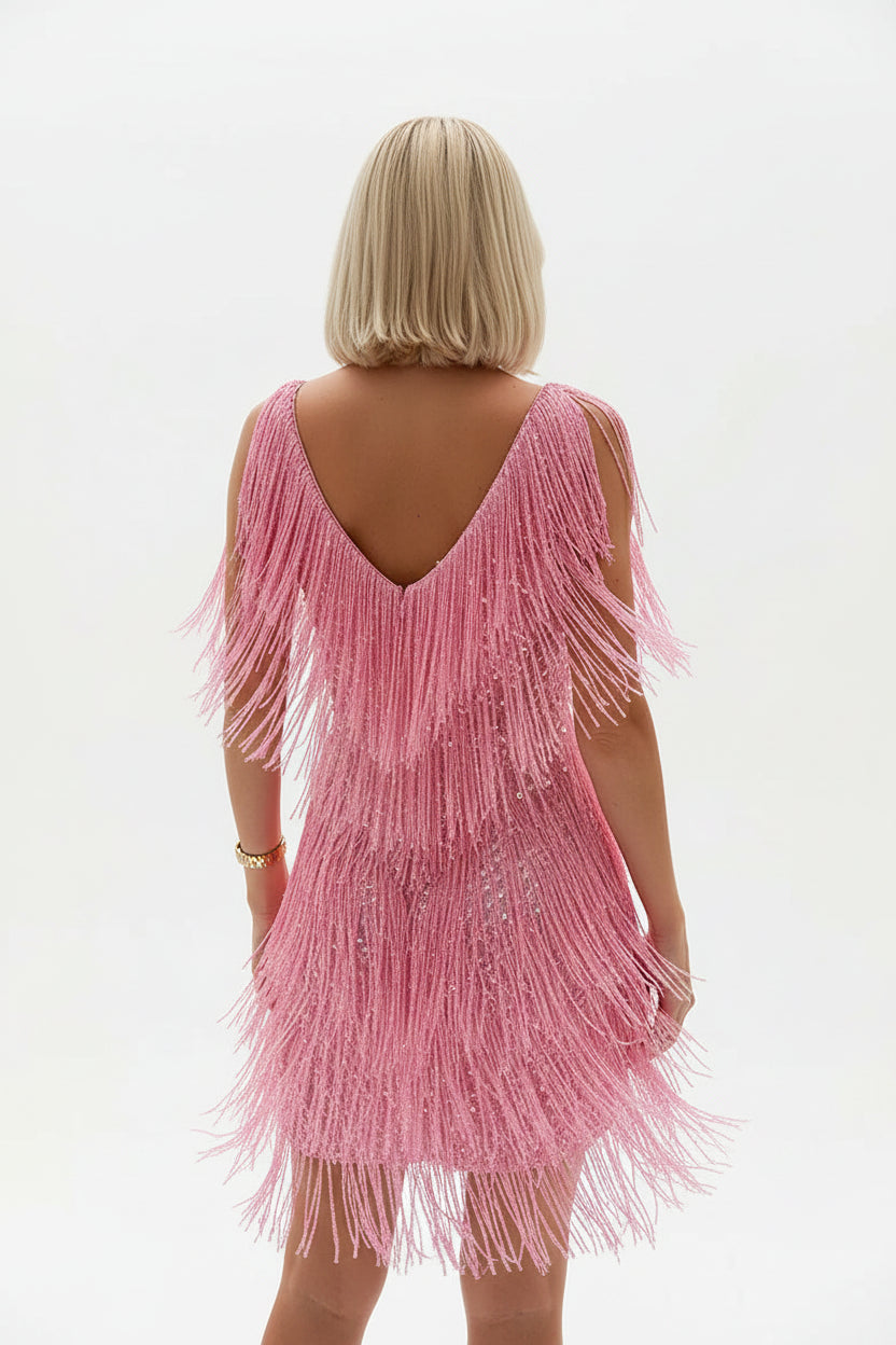 Robe Soirée Courte Femme à Franges Brillantes Sans Manches | Cocktail Glamour | ROBEMODE