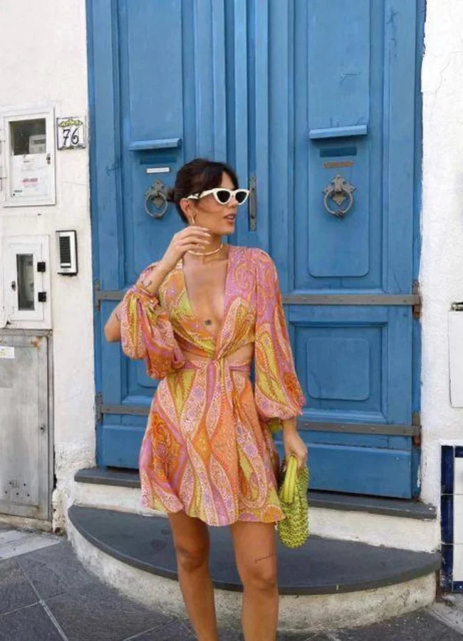 Robe Courte Imprimée Rose Jaune Col V Manches Longues Été | ROBEMODE