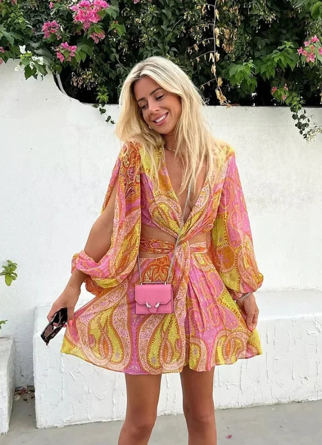 Robe courte été imprimée rose jaune manches longues