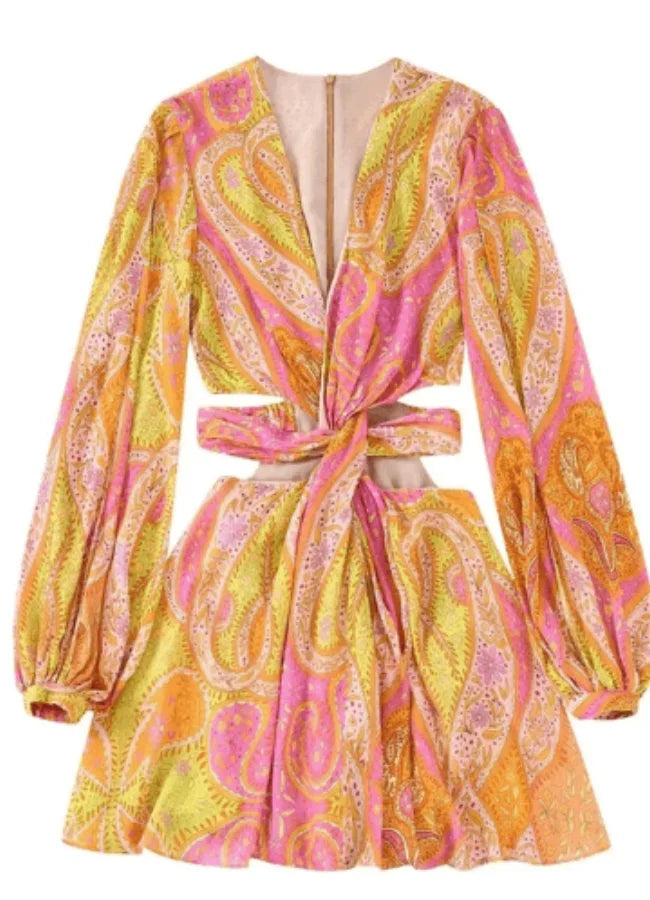 Robe Courte Imprimée Rose Jaune Col V Manches Longues Été | ROBEMODE
