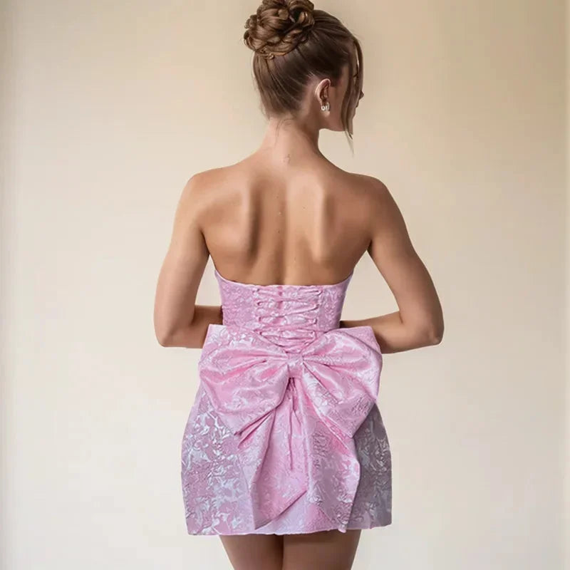 Robe Courte Femme Jacquard Sans Bretelles Dos Nu | Élégante Soirée Cocktail | ROBEMODE