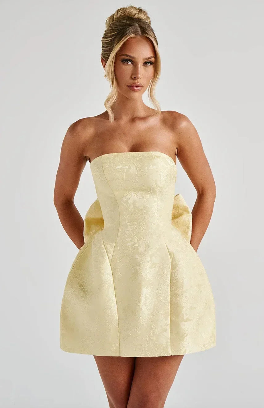 Robe Courte Femme Jacquard Sans Bretelles Dos Nu | Élégante Soirée Cocktail | ROBEMODE