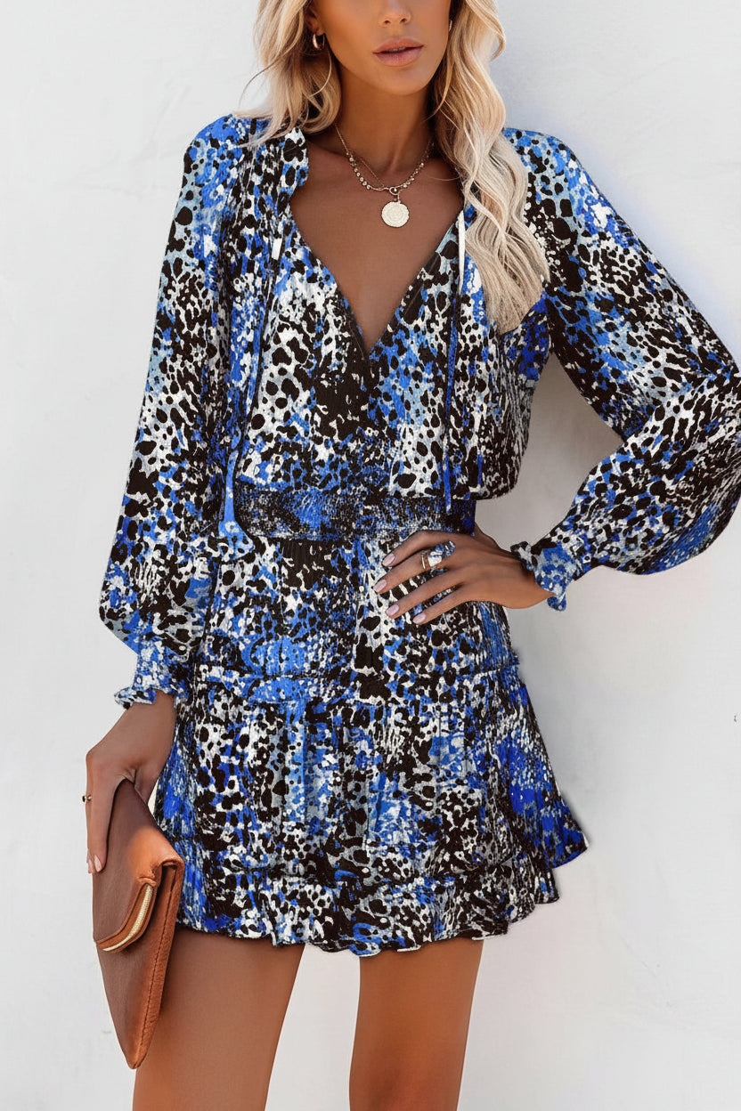 Robe Courte Femme Volants Col V Imprimés Variés Manches Longues | ROBEMODE