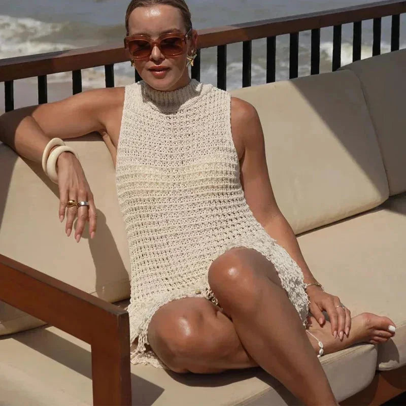 Robe Courte Femme Maille Ivoire Sans Manches Franges | ROBEMODE