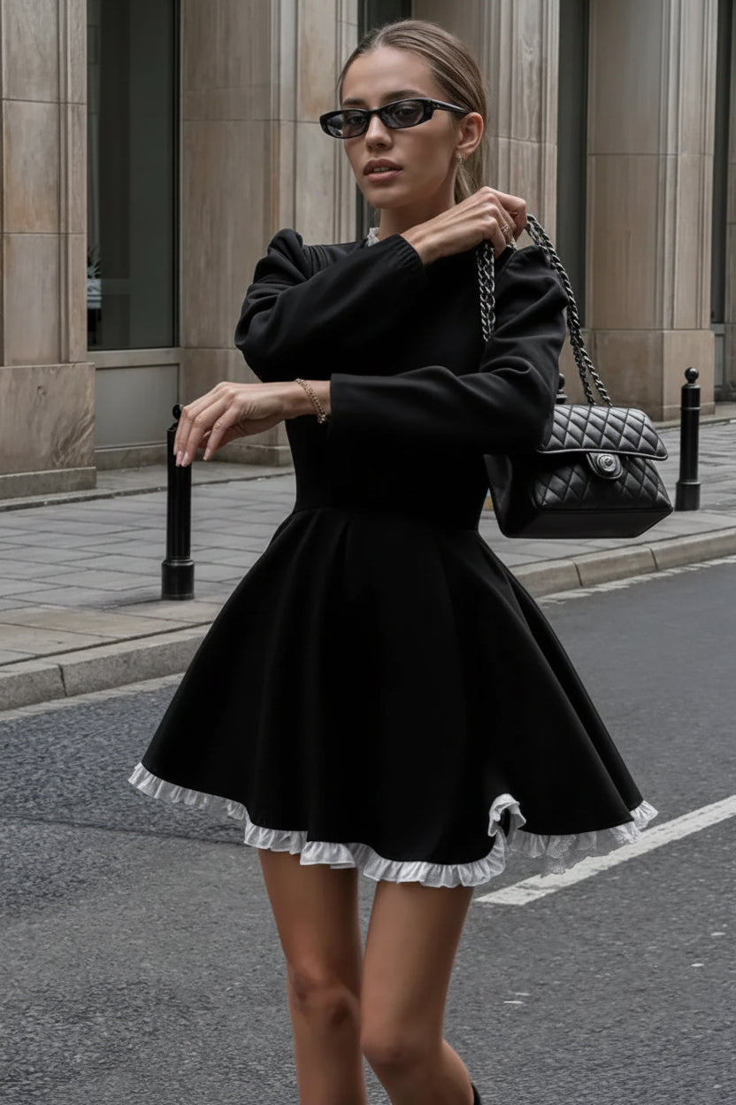 Robe courte femme avec col ruché et manches longues | Coupe féminine + Style élégant + Facile à accessoiriser – ROBEMODE