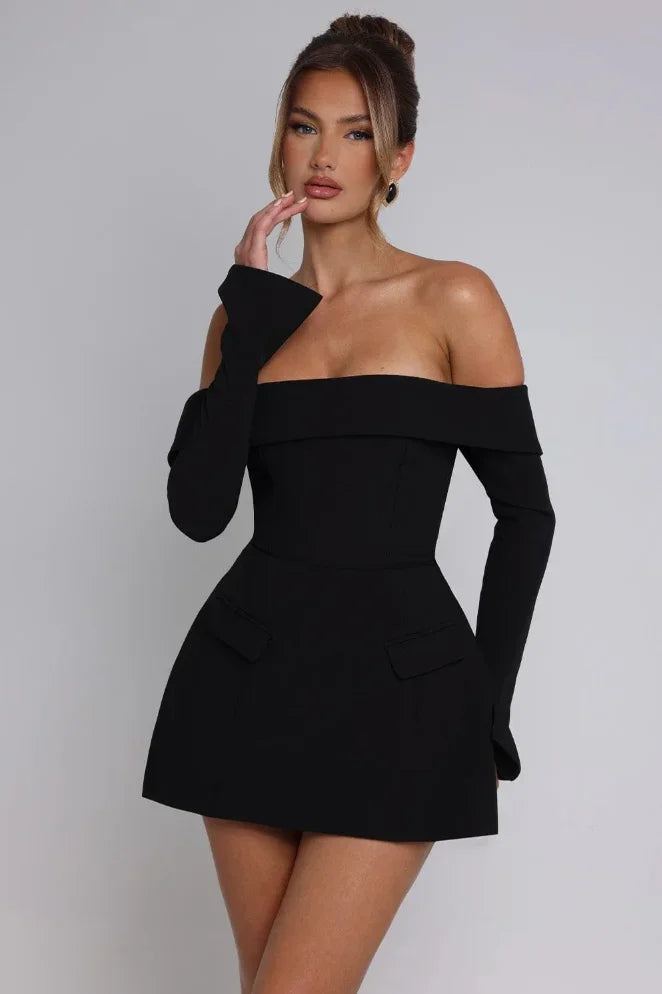 Robe Courte Soirée Épaules Dénudées avec Poches | 2 Coloris + Chic + Pratique S-L | ROBEMODE