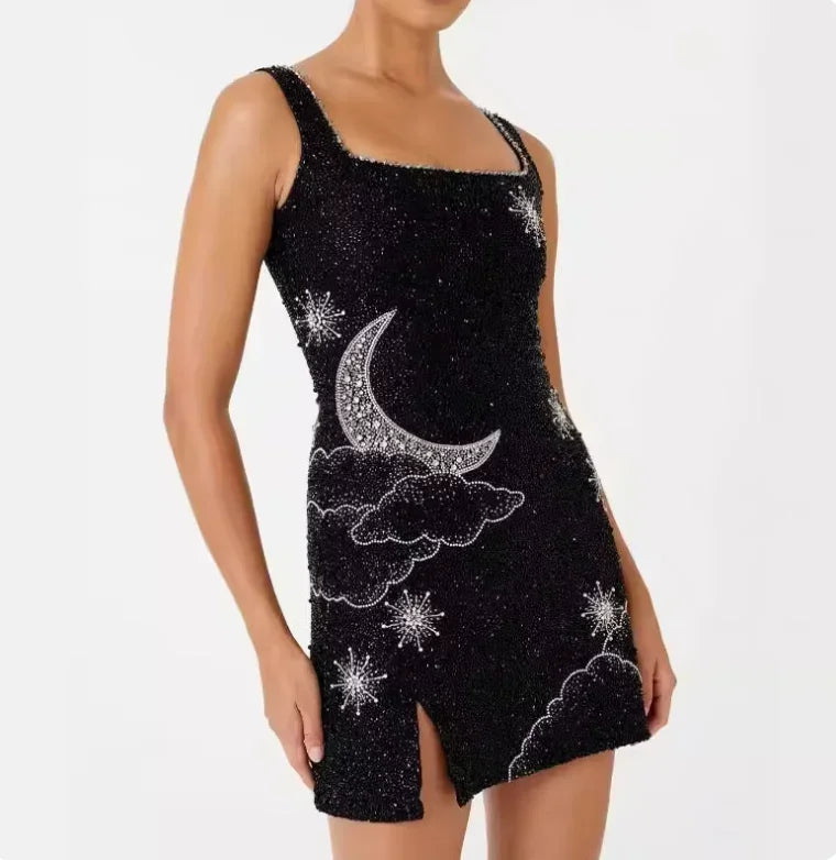 Robe Courte Noire Pailletée Bretelles Larges Soirée Festive | ROBEMODE