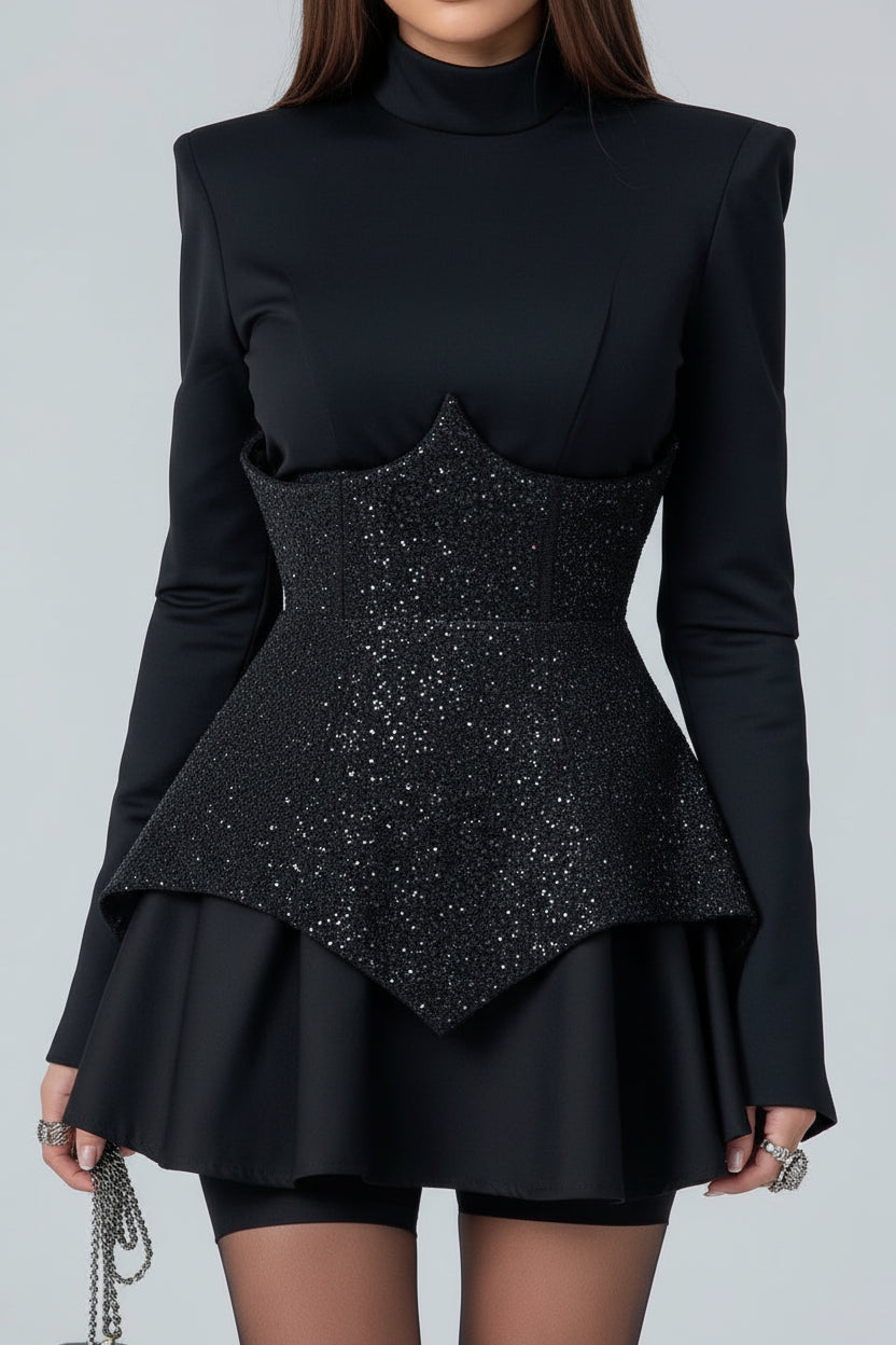 Robe Courte Noire Paillettes Manches Longues Soirée | ROBEMODE