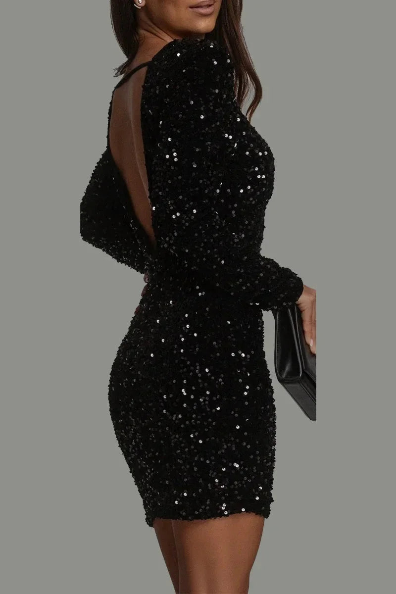 Robe Courte Femme Sequins Dos Nu Manches Longues Soirée | ROBEMODE