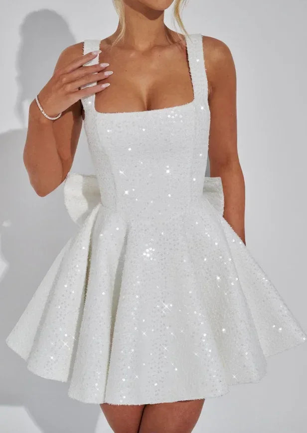 Robe Courte Pailletée Fit and Flare Bretelles Nœud | Soirée Clubbing Rose Blanc | ROBEMODE
