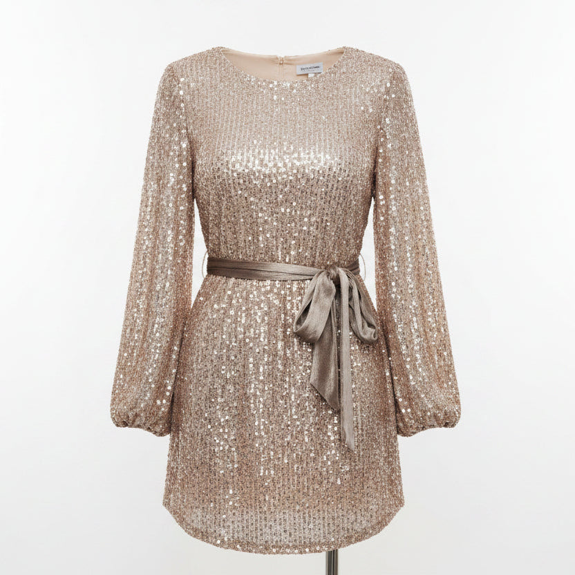 Robe courte femme pailletée avec manches ballon et ceinture | ROBEMODE