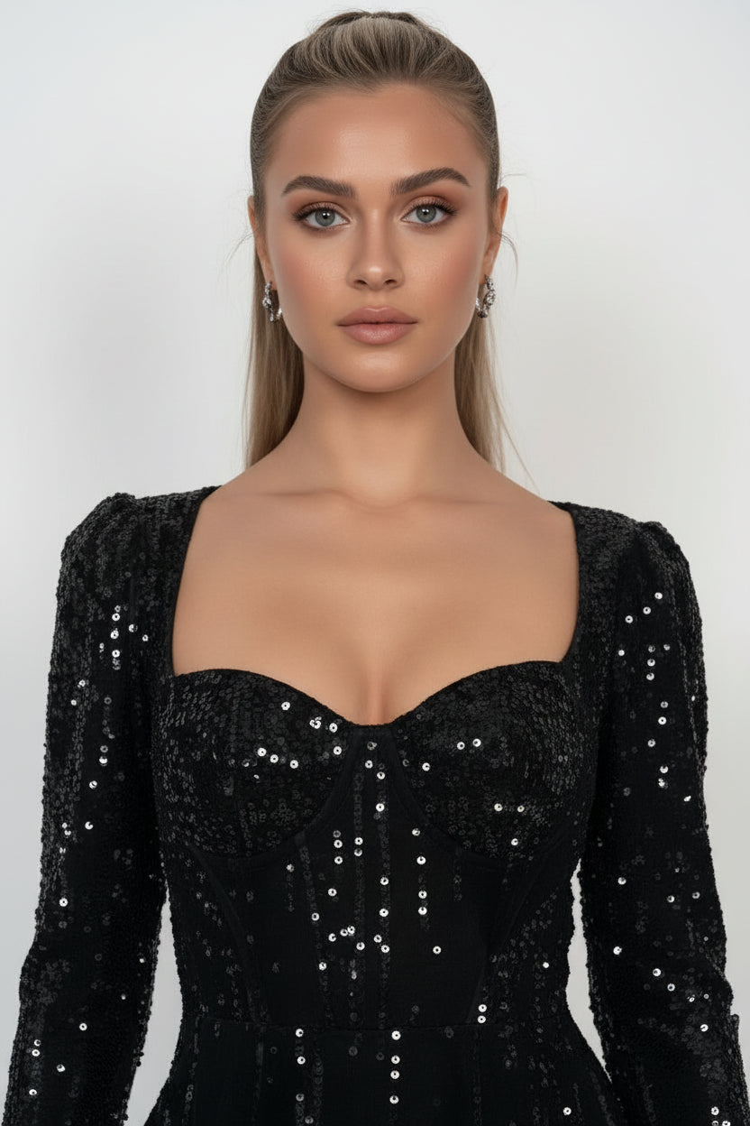 Robe courte femme noire pailletée manches longues col cœur | ROBEMODE