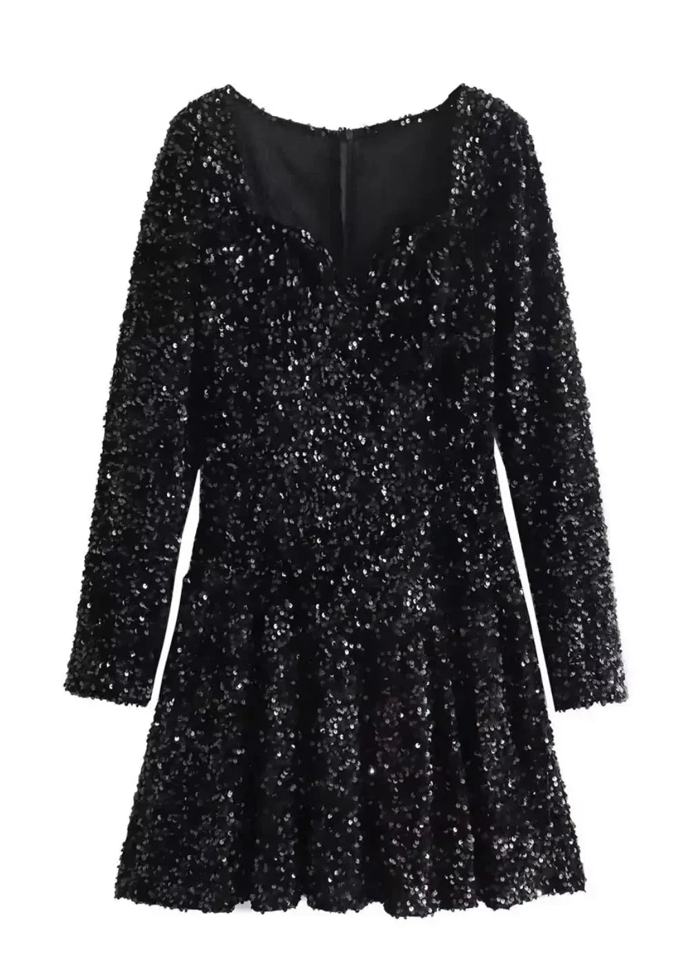 Robe courte femme noire pailletée manches longues col cœur | ROBEMODE