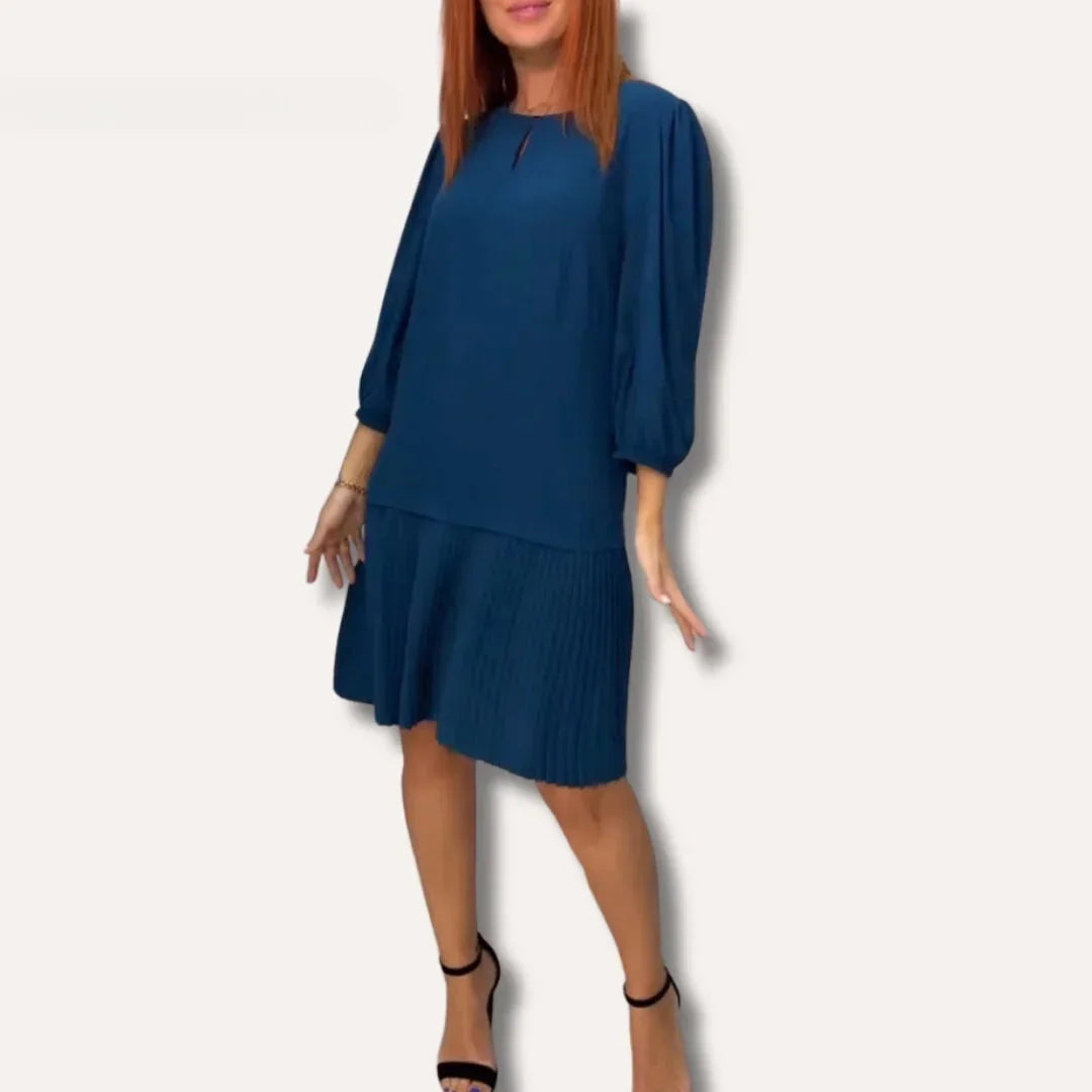 Robe courte plissée bleu canard manches longues soirée | ROBEMODE