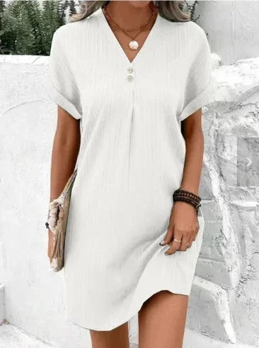 Robe courte femme encolure V plissée été boutons | ROBEMODE