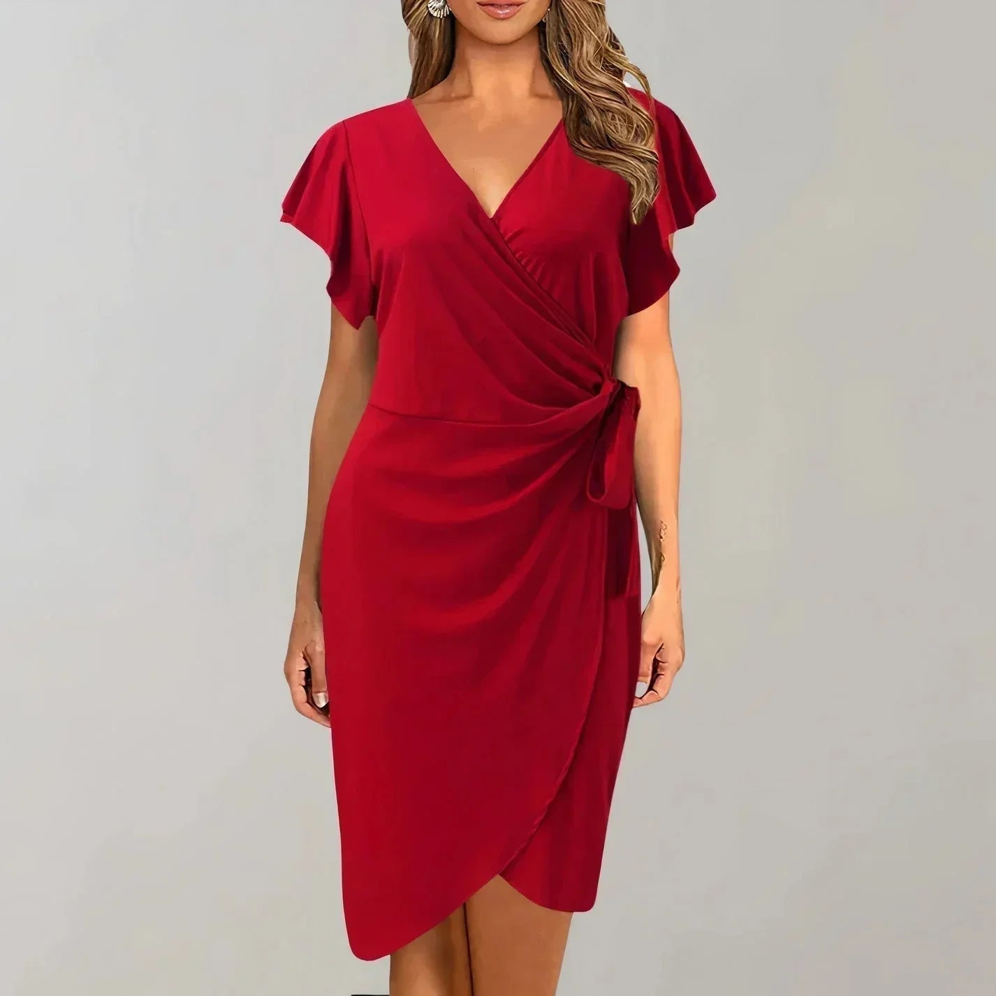 Robe courte portefeuille manches courtes col V avec nœud