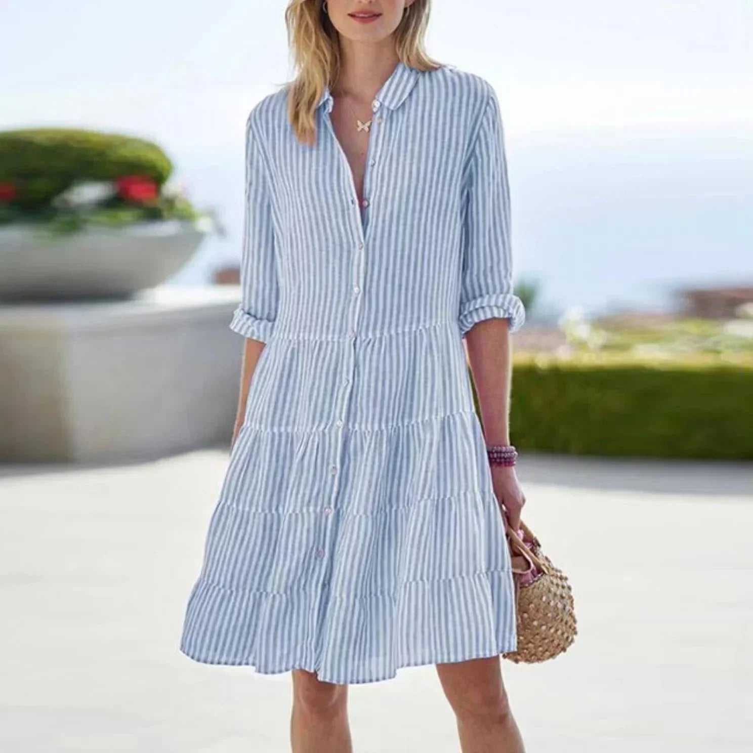Robe courte femme boutonnée à rayures manches longues | Coupe féminine + Style élégant + Facile à accessoiriser – ROBEMODE