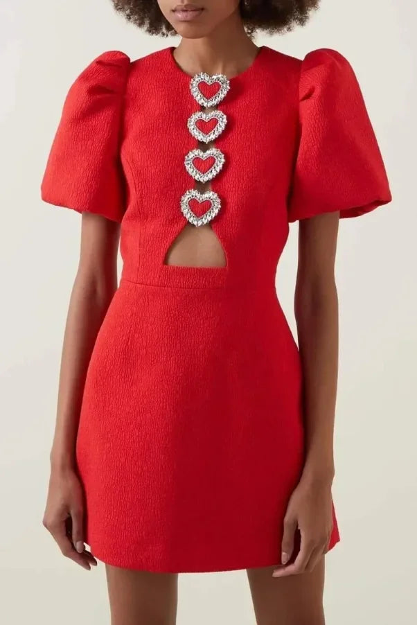 Robe courte rouge femme cœur et manches bouffantes | Coupe féminine + Style élégant + Facile à accessoiriser – ROBEMODE