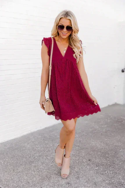 Robe courte femme sans manches en dentelle avec poches | ROBEMODE