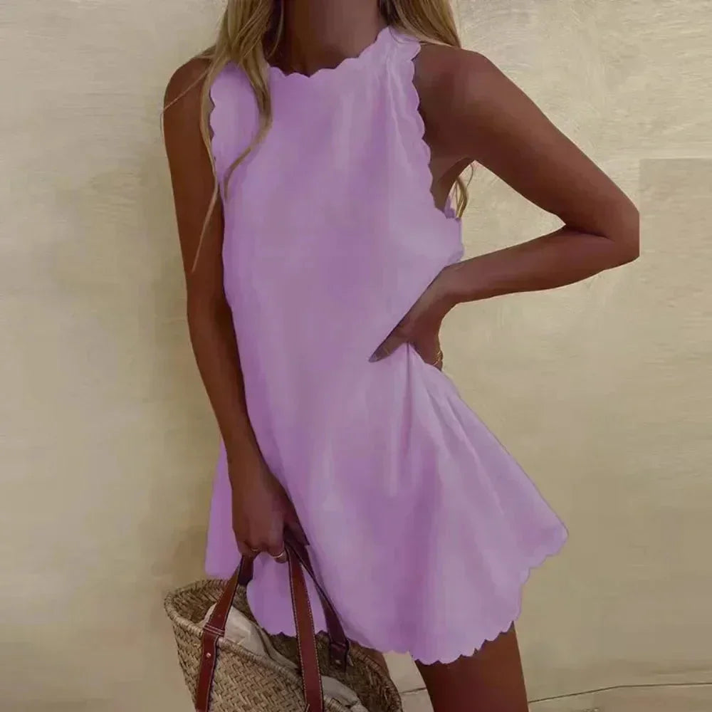 Robe Courte Femme Sans Manches Ourlet Festonné Été Plage | ROBEMODE