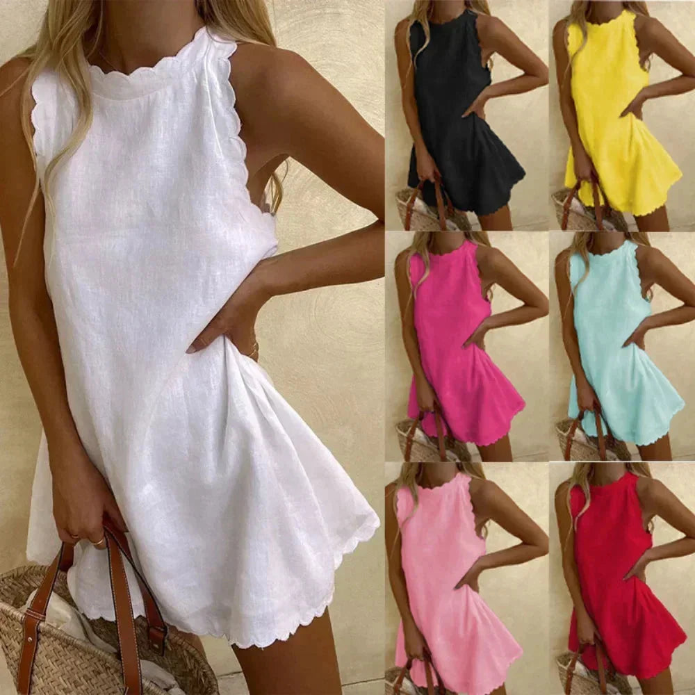 Robe Courte Femme Sans Manches Ourlet Festonné Été Plage | ROBEMODE
