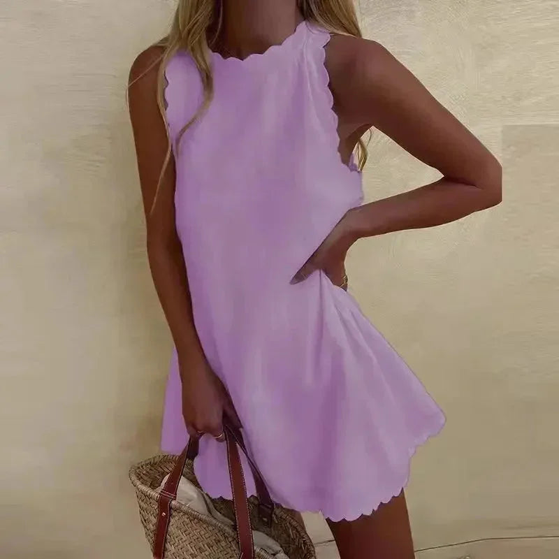 Robe Courte Femme Sans Manches Ourlet Festonné Été Plage | ROBEMODE