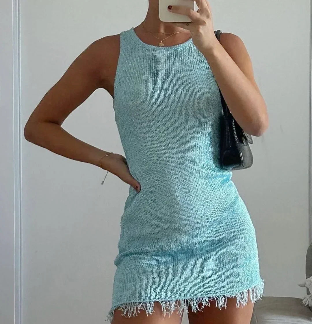Robe courte femme bleue à paillettes avec franges