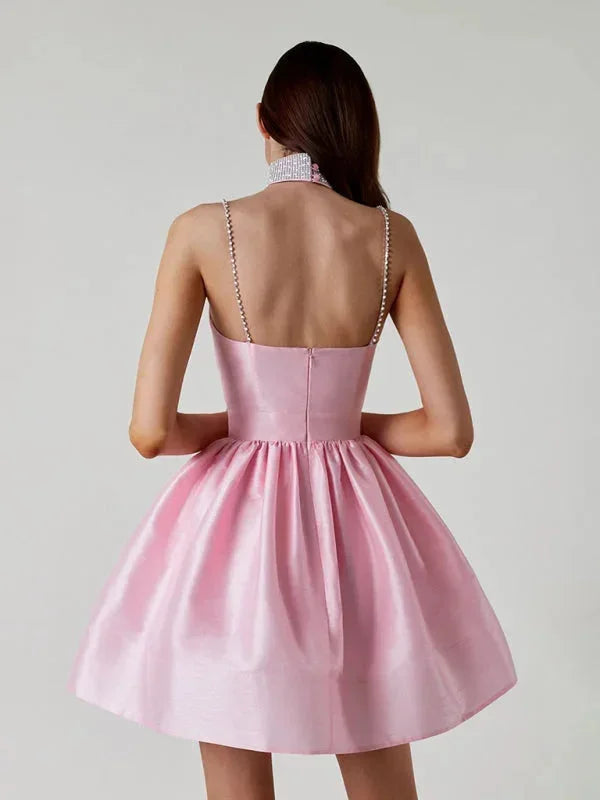 Robe Courte Satinée Bretelles Strass Col Cœur Soirée 3 Coloris | ROBEMODE
