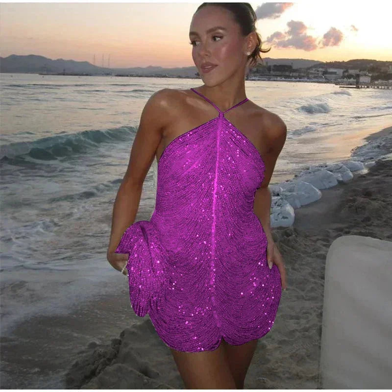 Robe courte femme cocktail à sequins et col licou