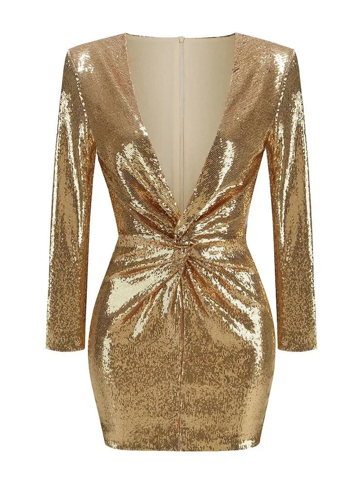 Robe Courte Femme Sequins Dorés Col V Drapé Soirée | ROBEMODE