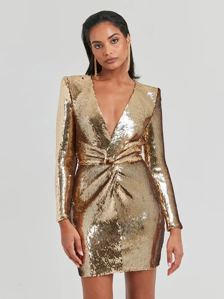 Robe Courte Femme Sequins Dorés Col V Drapé Soirée | ROBEMODE