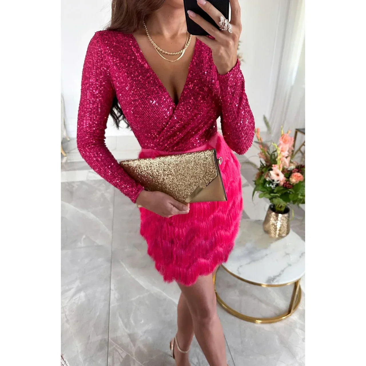 Robe courte femme sequins manches longues croisé jupe plumes