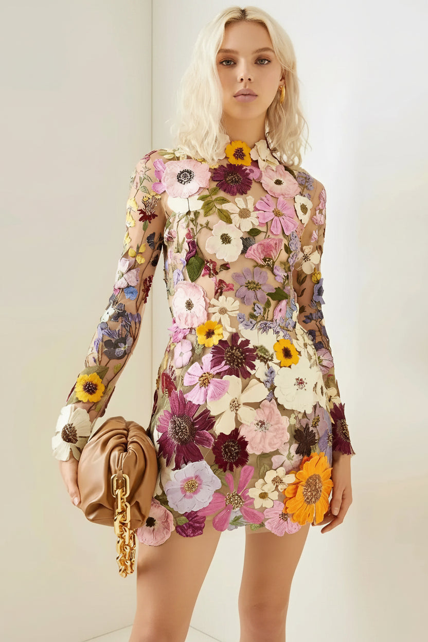 Robe Courte Transparente Florale Femme Manches Longues Soirée | ROBEMODE