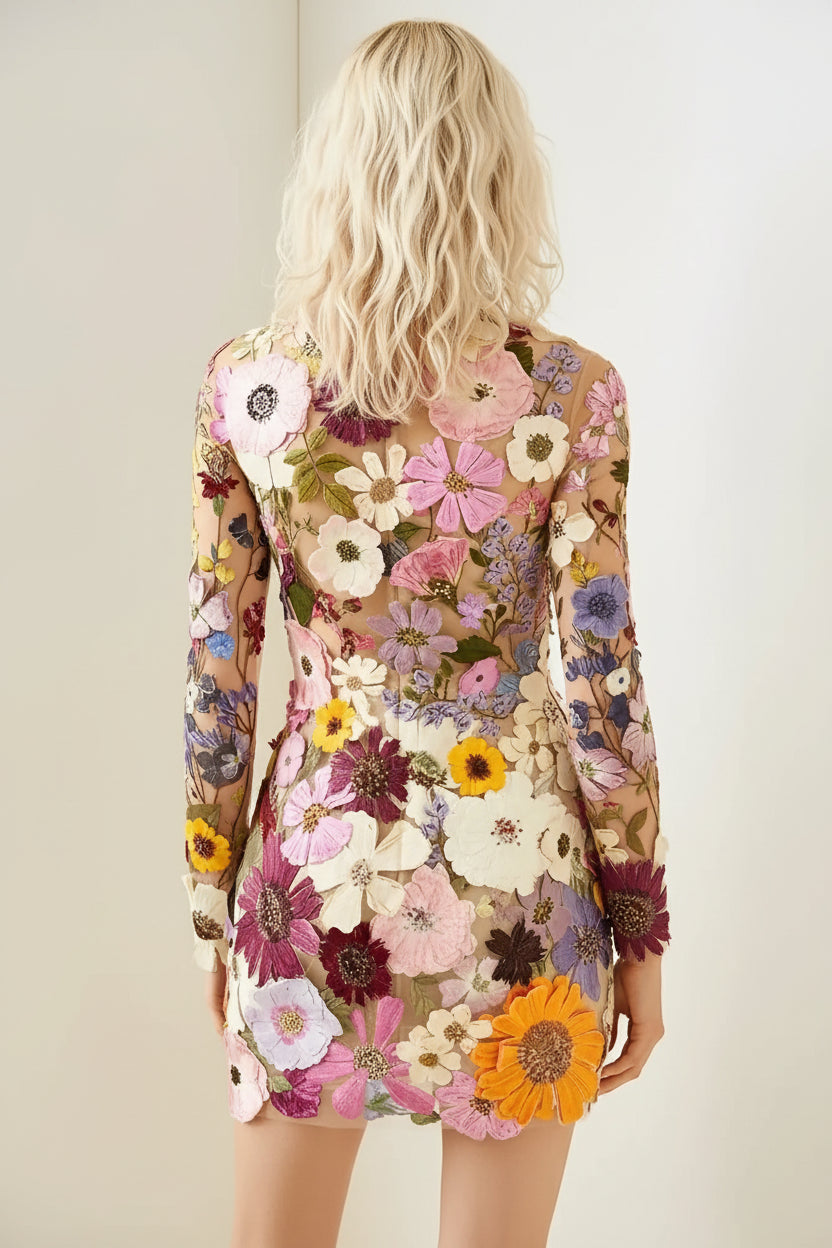 Robe Courte Transparente Florale Femme Manches Longues Soirée | ROBEMODE
