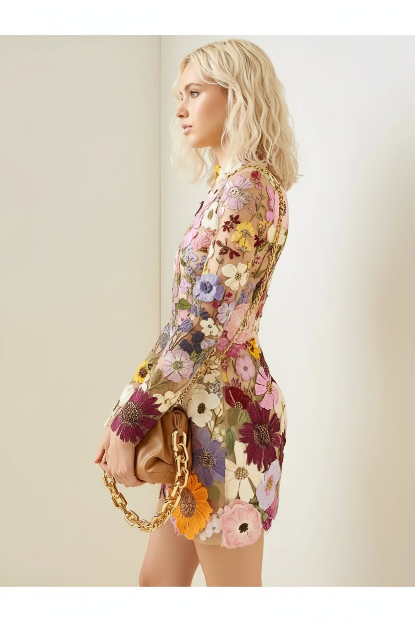 Robe Courte Transparente Florale Femme Manches Longues Soirée | ROBEMODE