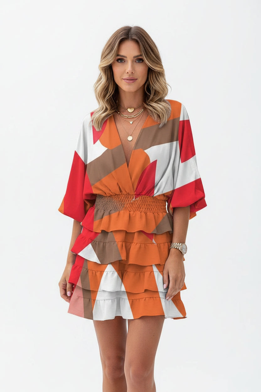 Robe Courte Femme Volants Imprimé Manches Amples 7 Coloris | ROBEMODE