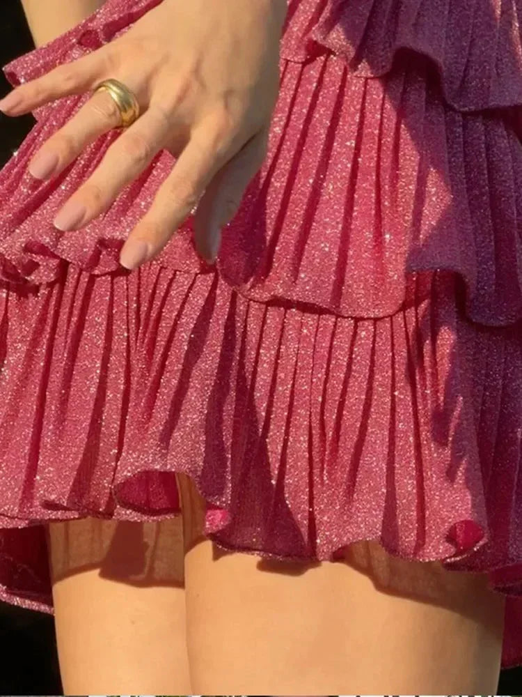 Robe Courte Rose à Volants Motif Étoiles Plage 1 Coloris | ROBEMODE