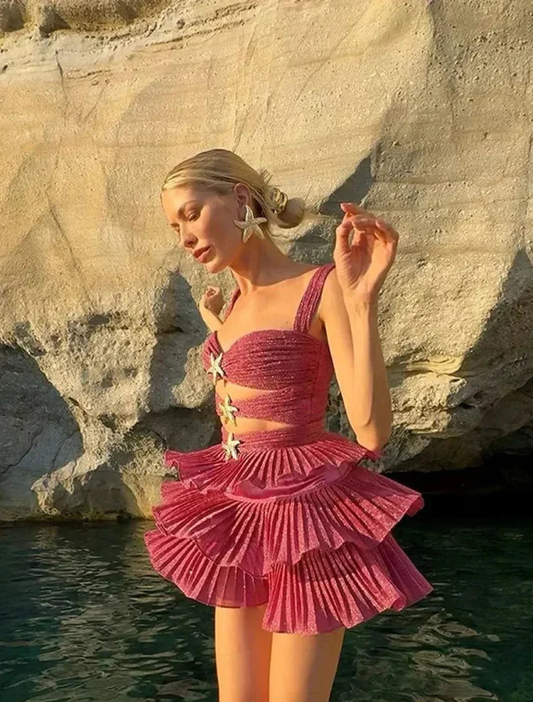 Robe Courte Rose à Volants Motif Étoiles Plage 1 Coloris | ROBEMODE