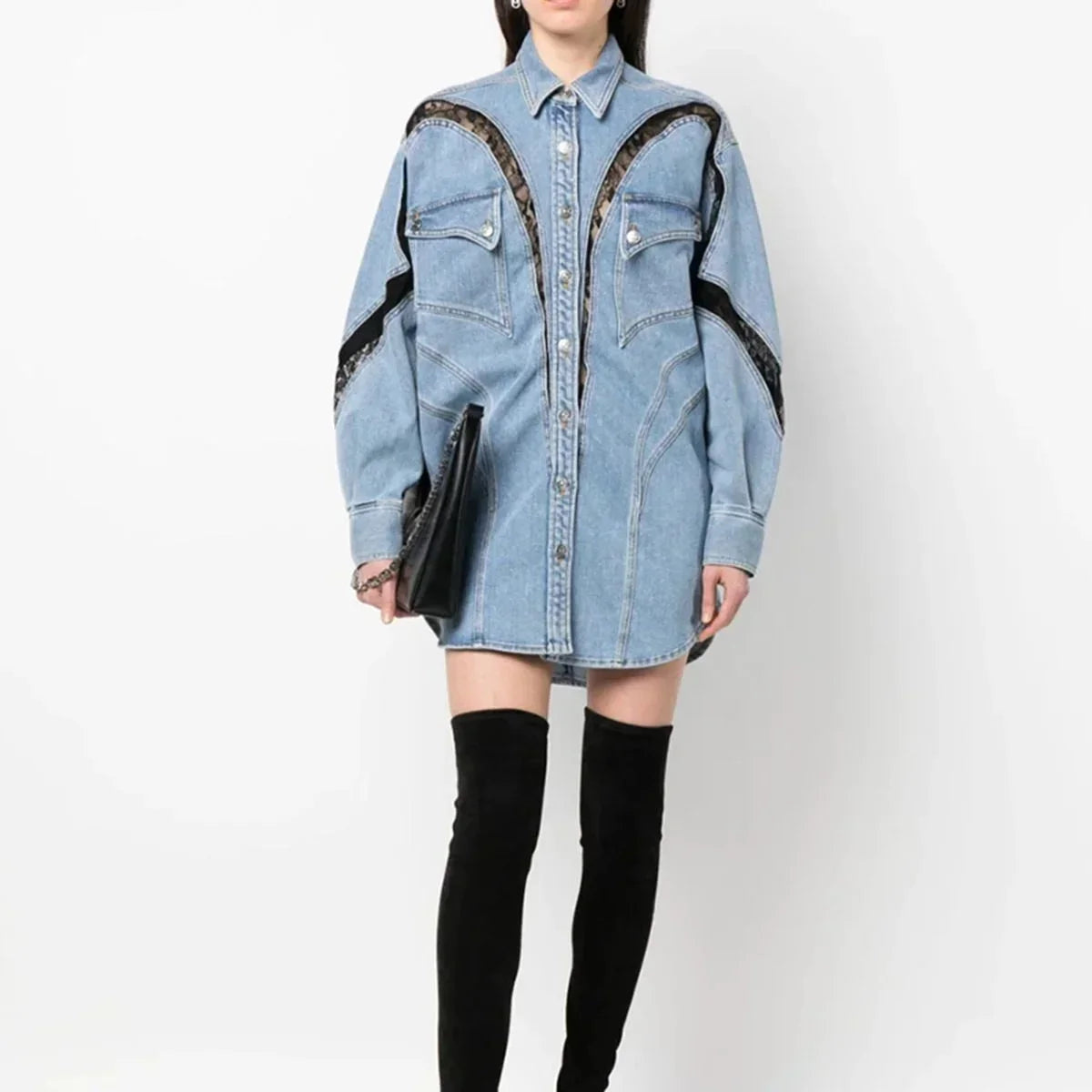 Robe chemise femme en denim bleu manches longues